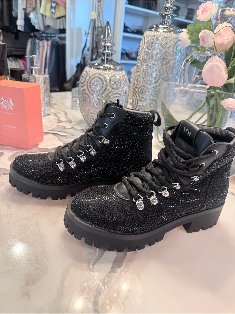 Steve Madden Women's Black Glitter Lace-Up Hiker Boots
